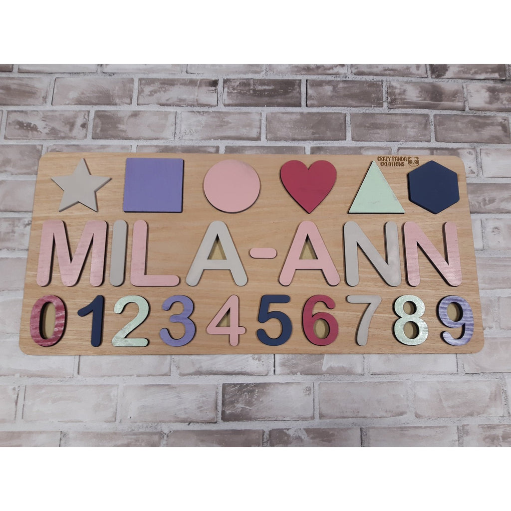 Wooden Name Puzzle Single Name/Raised with Shapes & Numbers