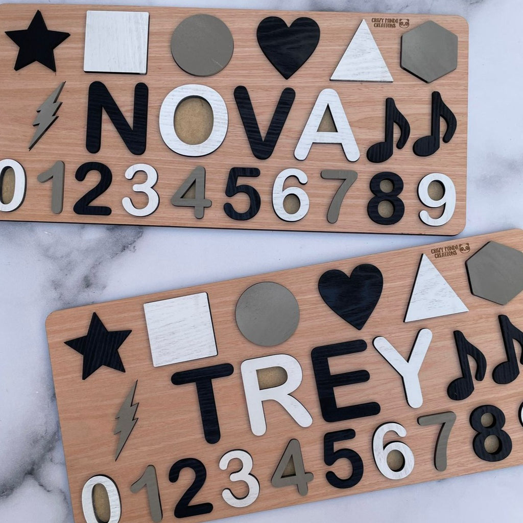 Wooden Name Puzzle Single Name/Raised with Shapes, Numbers & Notes